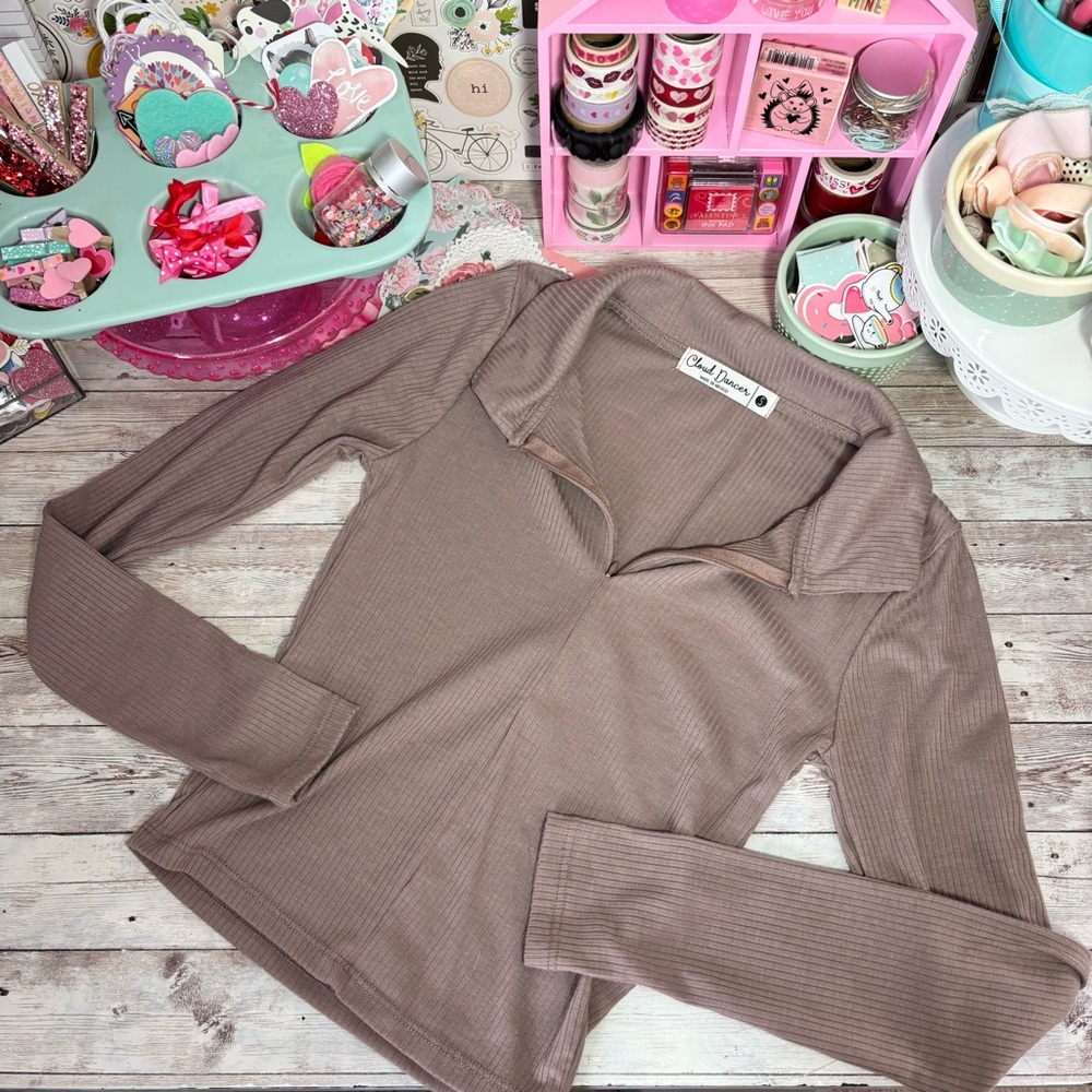 Cloud Dancer Long Sleeve Ribbed Quarter Zip Fitted Brown Top Women’s Size Small